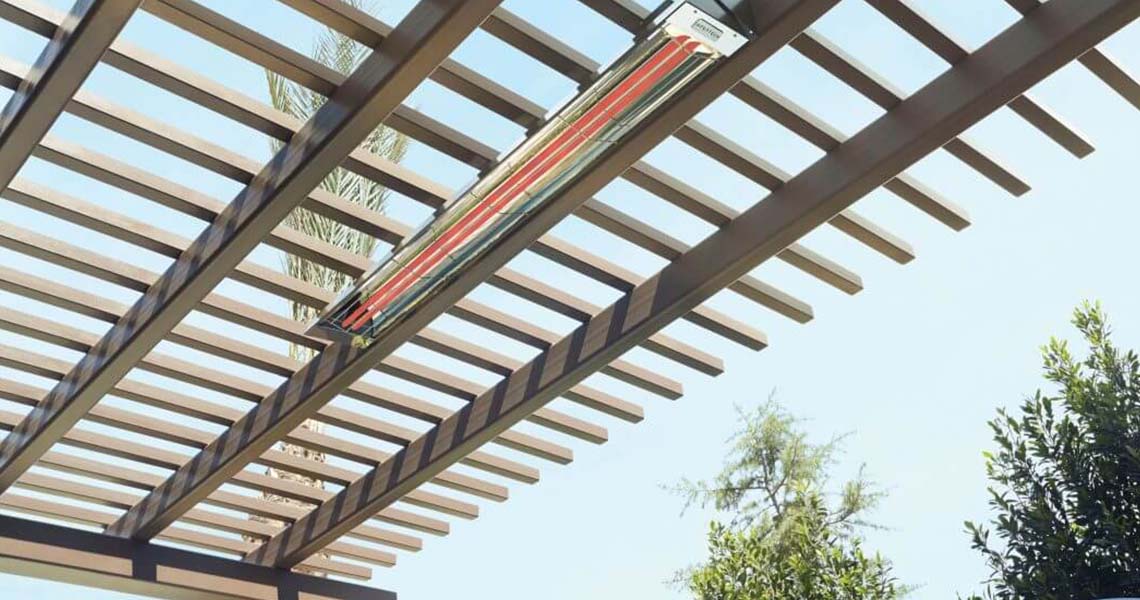 One Electric Patio Heater Mounted to a Gazebo in a Backyard 